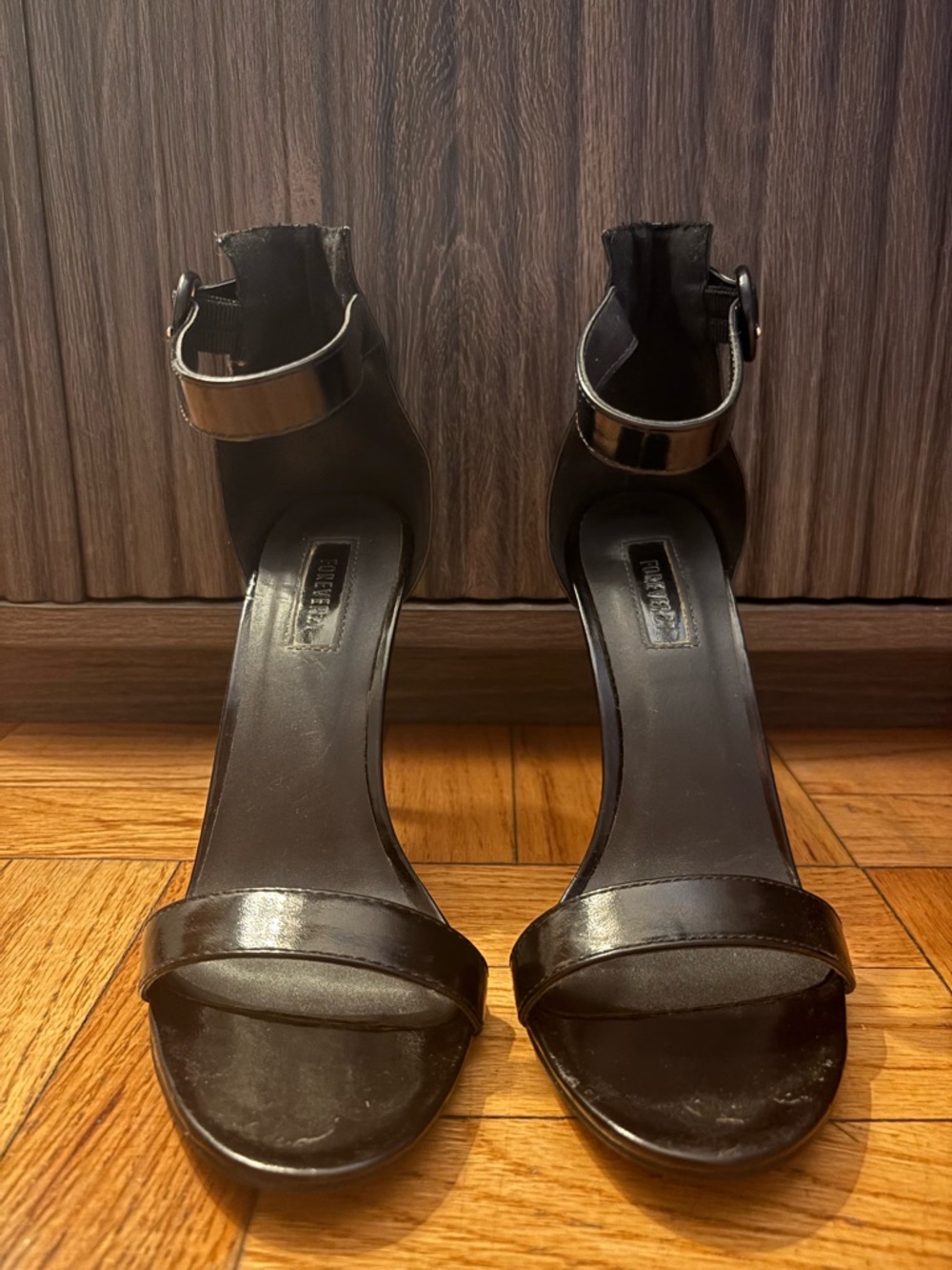 Forever 21 Black Patent Ankle-Strap Heeled Sandals